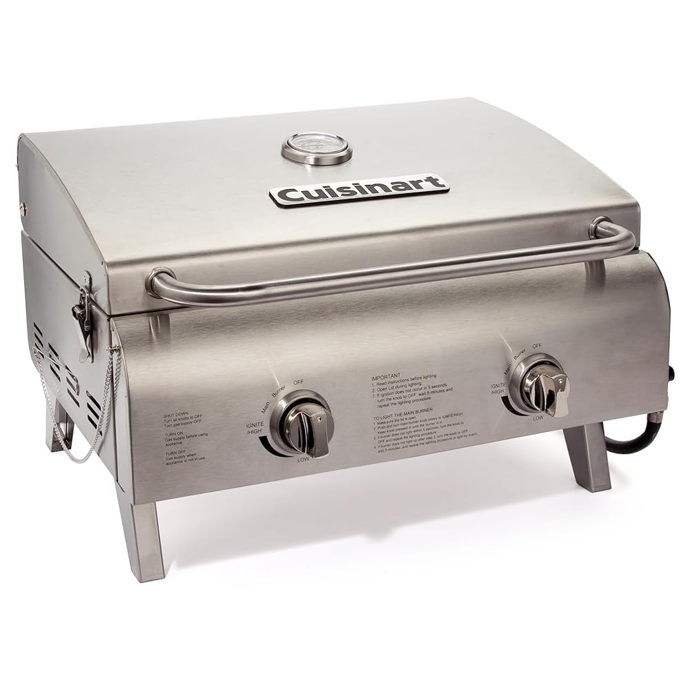 Cuisinart Transportable Tabletop Propane Gasoline Grill with Twin Burners (20,000 BTUs Complete) – Compact Grill for Tenting and Tailgating, Stainless Metal Barbecue Grill