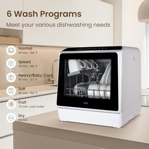 HAVA Transportable Countertop Dishwasher - 6 Wash Applications, 5L Constructed-in Water Tank, No Hookup Required, Very best for Child Care & Air-Drying, Good for Flats and RVs