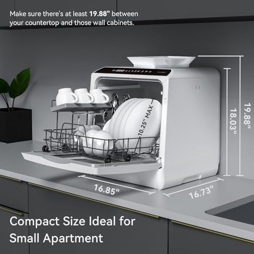 Hermitlux Moveable Countertop Dishwasher with 5 Washing Packages and 5-Liter Constructed-in Water Tank for Glass Door