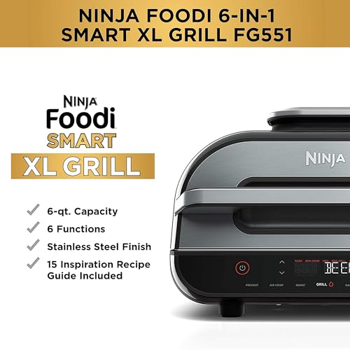 Ninja Sensible XL 6-in-1 Indoor Grill, Foodi Indoor Grill with Air Fry, Roast, Bake, Broil, and Dehydrate Features, Consists of Sensible Thermometer, Black/Silver, Mannequin FG551