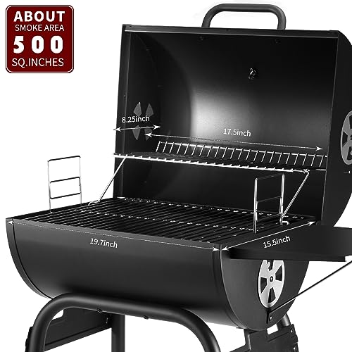 Outside BBQ Charcoal Grill with Facet Desk - Barrel Design that includes 500 Sq.In. Cooking Space, Excellent for Yard Tenting, Picnics, Patios, and Events, Black