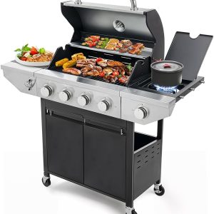 Stainless Metal 4-Burner Propane Fuel Grill with Aspect Burner – 48,500 BTU Outside BBQ for Kitchen, Backyard, and Patio, Black and Silver