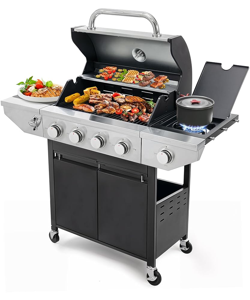 Stainless Metal 4-Burner Propane Fuel Grill with Aspect Burner – 48,500 BTU Outside BBQ for Kitchen, Backyard, and Patio, Black and Silver